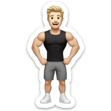 amazed Open with surprise mouth Pale skinned Fit Man With the biceps and dark brown hair in black shirt, gray sports shorts and white Sneakers sticker