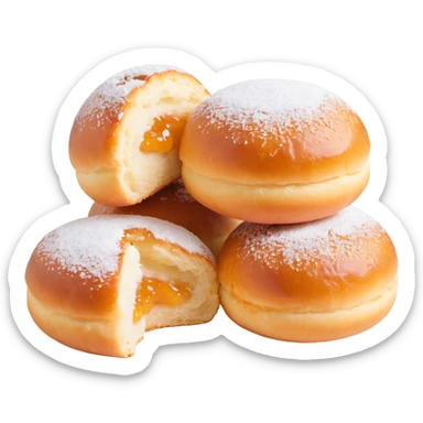 a single Berliner Krapfen, round, golden-brown, no hole, heavily covered with powdered sugar, with visible jam filling sticker