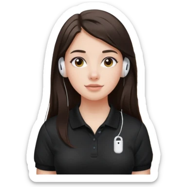 Girl with long dark brown hair with airpods wearing a black wegmans grocery store polo sticker