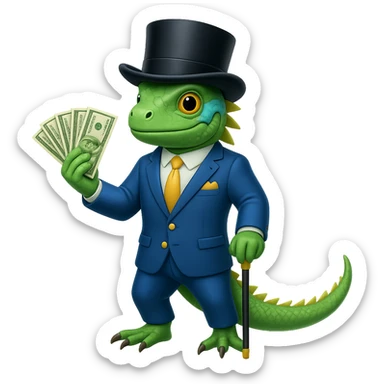 Add a top hat and cane to the iguana in a blue suit holding cash in the style of apple emojis. Keep the apple emoji style consistent with the original image. sticker