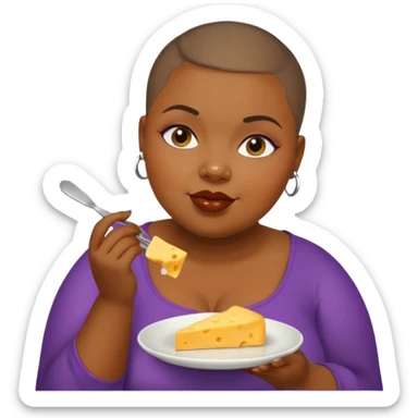 Black fat woman with buzz cut eating cheese sticker