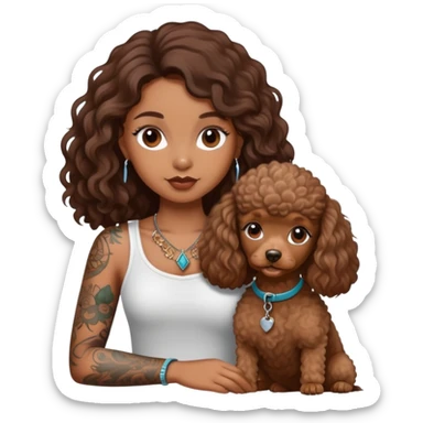 a  girl with brown  Slightly curle long hair and tattoos and a miniature poodles sticker