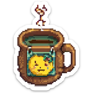 8-bit pixel art emoji, IV bag filled with brown coffee in a coffee cup connected sticker