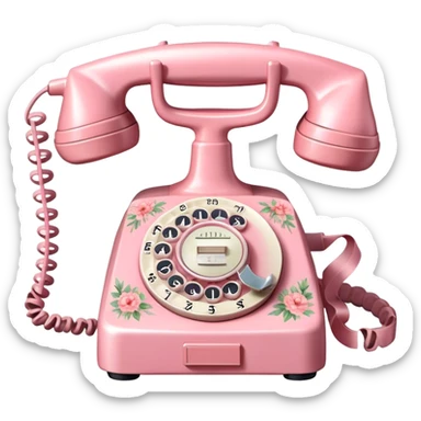 "A vintage pink rotary telephone with intricate floral details and a soft ribbon bow, watercolor style." sticker