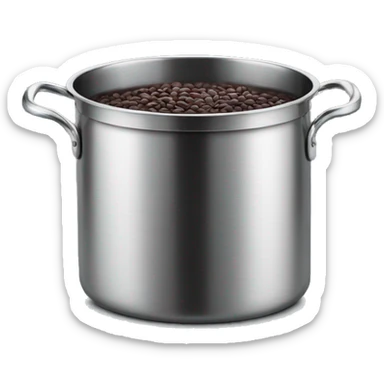 Stainless steel pot with black handlers, beans inside sticker