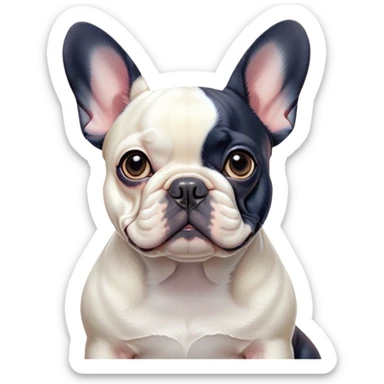 Cinematic Noble Pied French Bulldog Portrait Emoji, Radiating regal yet playful charm, with a distinctive pied fur of contrasting hues and a sculpted, expressive face featuring gentle, wise eyes and a confident stance, simplified yet artistically detailed, glowing with a soft, sophisticated radiance, high shine, exuding intelligent nobility and refined flair, soft glowing outline, capturing the essence of a noble Pied French Bulldog that embodies both strength and grace! sticker