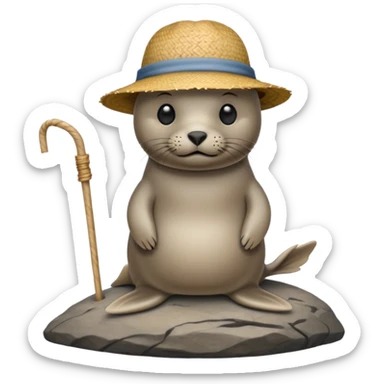 Seal with a straw hat on a rock sticker