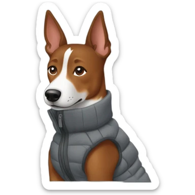 Medium-dark brown colored Basenji wearing a grey puffer jacket sticker