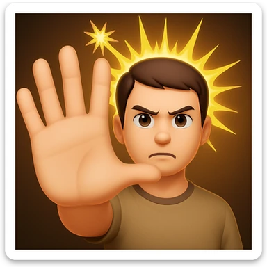 Make the arm fully outstretched toward the viewer so it is not visible behind the hand. The open palm hand should take up even more space, dominating the image. Keep the wrathful, destructive facial expression and lightning blasts in the background in the style of apple style emojis. sticker