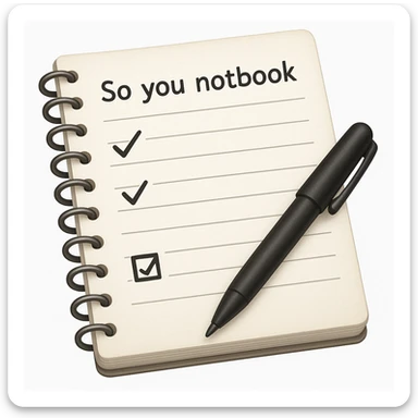 emoji of white vintage notebook with some list on it and a black pen nearby sticker