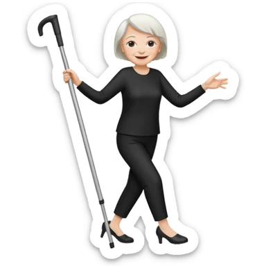 old woman with cutted hair, dressed with pants,  dancing with crutches sticker