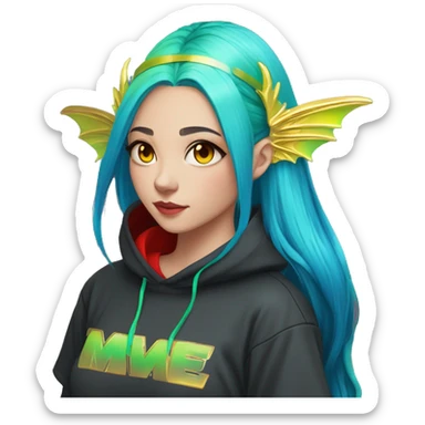 Lady with brunette and iridescent blue hair, gold, lime green dragon wings, black hoodie, oilslick holographic, black and gold Nike t shirt, and bright red eyes sticker