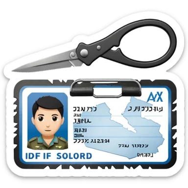black Scissors cutting an idf soldier ID card in 2 parts .hyper realistic sticker