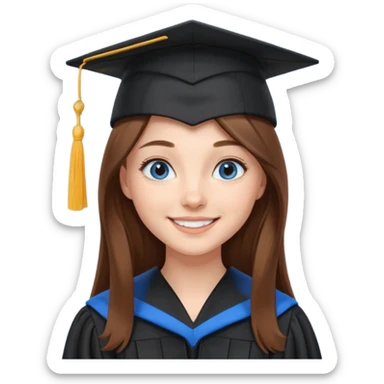 school graduation with a pretty female graduating student with long brown hair, blue eyes sticker