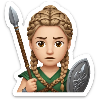 Emoji portrait of a Celtic warrior. Braided hair, fierce expression, holding a spear. sticker