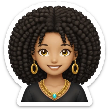 Create a black chibi girl with long afro hair and beautiful gold eyes with a smile sticker