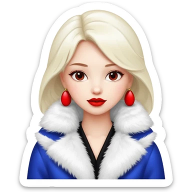 A beautiful, cute girl with red lipstick is posing for a photo in a white fur coat sticker