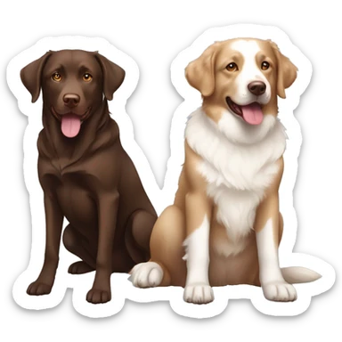 a full body, sitting chocolate labrador, and a sitting tan, cream, white Australian Shepard sticker