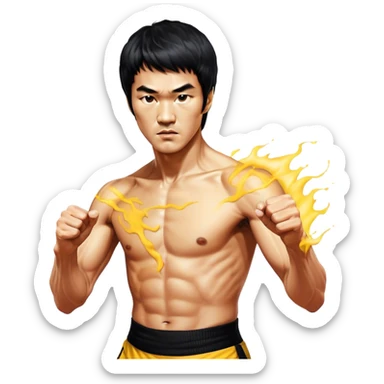 Cinematic Realistic Bruce Lee Portrait Emoji, depicted as a dynamic martial arts icon with an intense gaze and athletic physique caught in a fluid motion, rendered with vivid textures and energetic lighting that embodies his legendary prowess. sticker