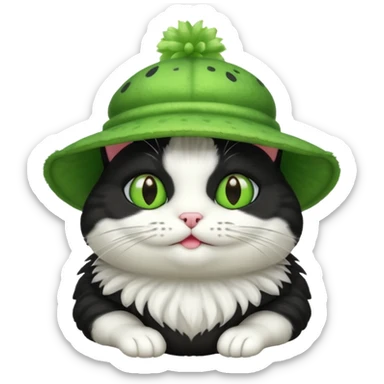 Black and white cat with a frog-shaped hat sticker