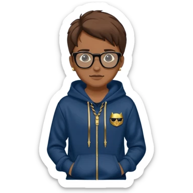 Brown hair with black glasses and lends have black and a dark blue hoodie that says caylus kingdom with black pants and a gold chain  sticker