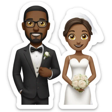 Handsome African-American groom with goat tee and brunette Caucasian bride both wearing glasses sticker