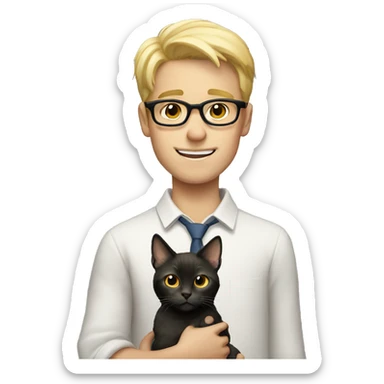 Tall blonde boy wearing glasses holding a cat with glasses sticker