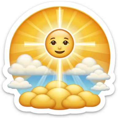 "Create a warm emoji representing morning christian spiritual awakening. Golden sunrise rays, soft light beams, peaceful clouds, or spiritual symbols like crosses, crescents, or light. No human figures - focus on light, warmth, and divine energy." sticker