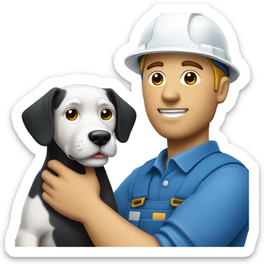 Bold white male construction worker wearing a hat and blue work wear Holding a little black dog on his arm sticker