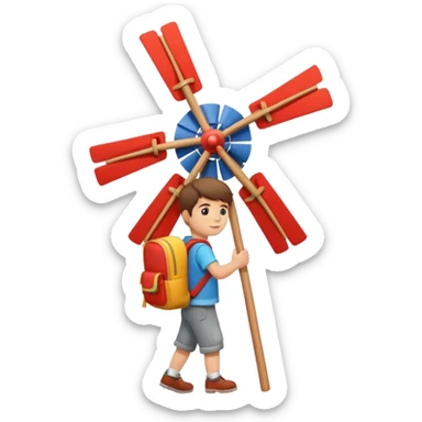 Boy carrying toy windmill backpack sticker