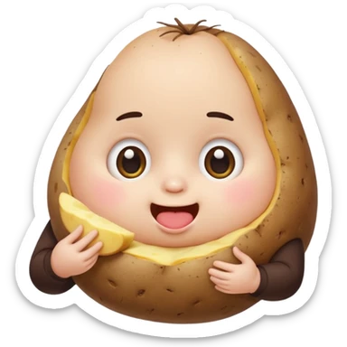 chubby emoji character with big eyes and rosy cheeks, munching on a potato, holding it with both hands, simple and adorable, LINE/Kakao Friends style sticker
