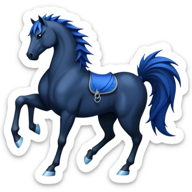 Ninja water horse, black horse body, dark blue watery accents, sharp spikes along mane and tail, fierce warrior pose sticker
