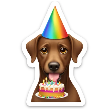 brown dog wearing rainbow party hat eating birthday cake sticker