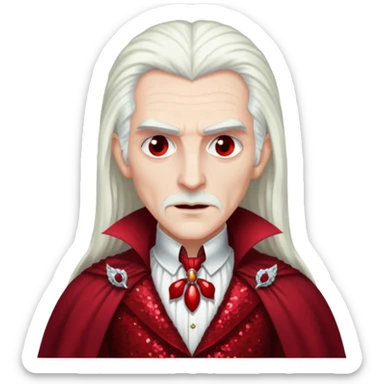 Dracula with long white hair, dark red sequin outfit sticker