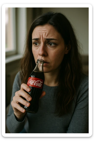 donna con ansia. Che beve coca cola. Immagini realistiche sticker