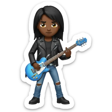 3D Apple-style emoji of a metal musician. Long hair, black leather jacket, ripped jeans, holding an electric guitar. Intense expression, glossy, rounded, smooth, soft shadows, white background.










 sticker
