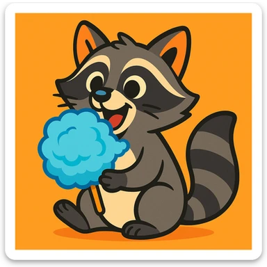 playful raccoon munching on fluffy blue cotton candy, vibrant colors, cartoon style sticker