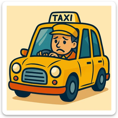 Cabbie in yellow taxi with a sad expression, vibrant cartoon style. sticker