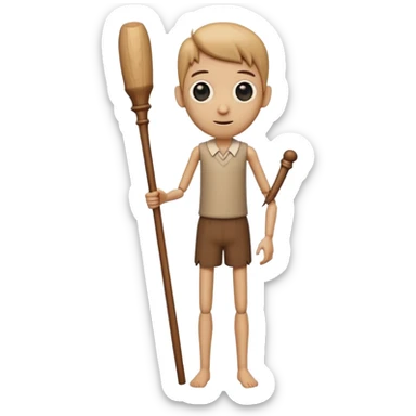 a tall, cylindrical, wooden-like figure with a human-like face, large eyes, and a slight smile. It has small, thin arms and human legs. It appears to be holding a long, wooden stick or bat.
 sticker