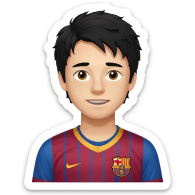 Un chico con pelo largo, desordenado y negro, tiene pecas, brackets, ojos cafés oscuros y con una camisa del Barcelona sticker