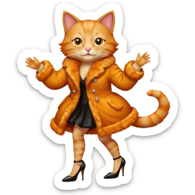 a dancing ginger cat in fur coat and high heels sticker