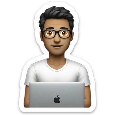 dark hair man with macbook with white transparent glasses  sticker