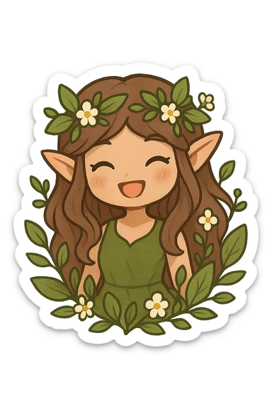 chibi forest nymph with a happy smile, surrounded by leaves and flowers, cute and whimsical sticker