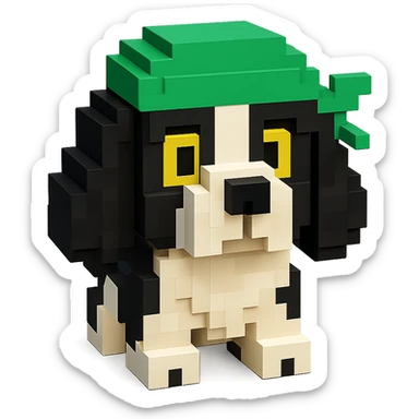 A black and white Russian Cocker Spaniel puppy wearing a green durag, facing forward sticker