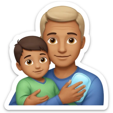 The father stands under the soft sunlight, his strong arms holding his child close to his chest, his gentle face glowing with a warm smile. sticker