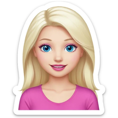 Girl with long platinum blonde hair, blue eyes, long lashes, sexy pink lips, wearing a pink top sticker