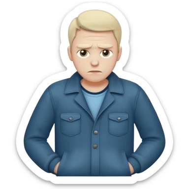 A sad man turns out his pockets and looks sadly at the camera sticker