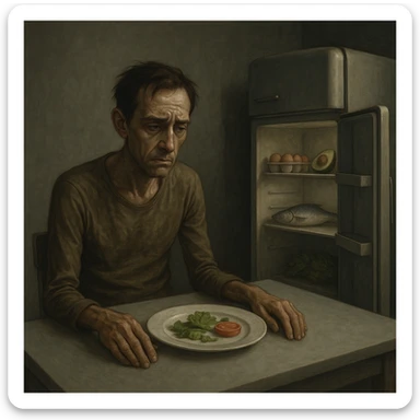 symbolic realism, cinematic lighting, muted color palette; thin, tired-looking man sitting alone at a minimalist kitchen table, plate with only a few leaves of lettuce and a slice of tomato, frustrated and weary expression, sunken eyes, low energy, cold and empty background symbolizing deprivation, closed fridge nearby with healthy but untouched foods inside (eggs, avocado, fish), expressive facial details sticker