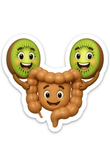 emoji stile iphone di kiwi fluttuano in aria tenendo in mano un pezzo di colon con espressione felice in volto, iperrealistico 4k sticker