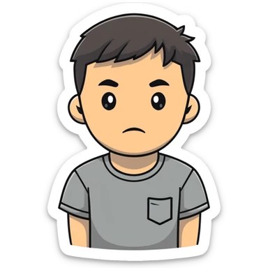 Asian man in a gray shirt with a frown sticker